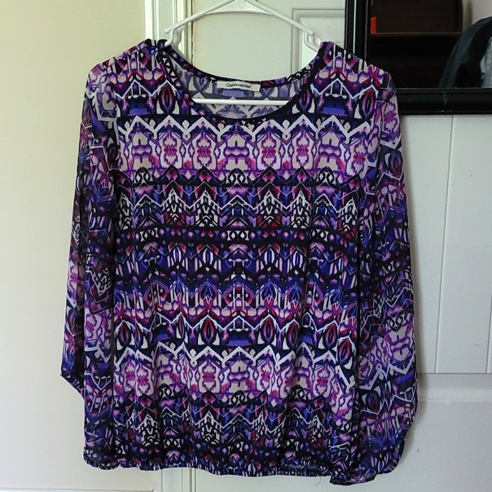 Purple Print Cute Top with Chiffon Statement Sleeves, Wash n Wear Soft Material